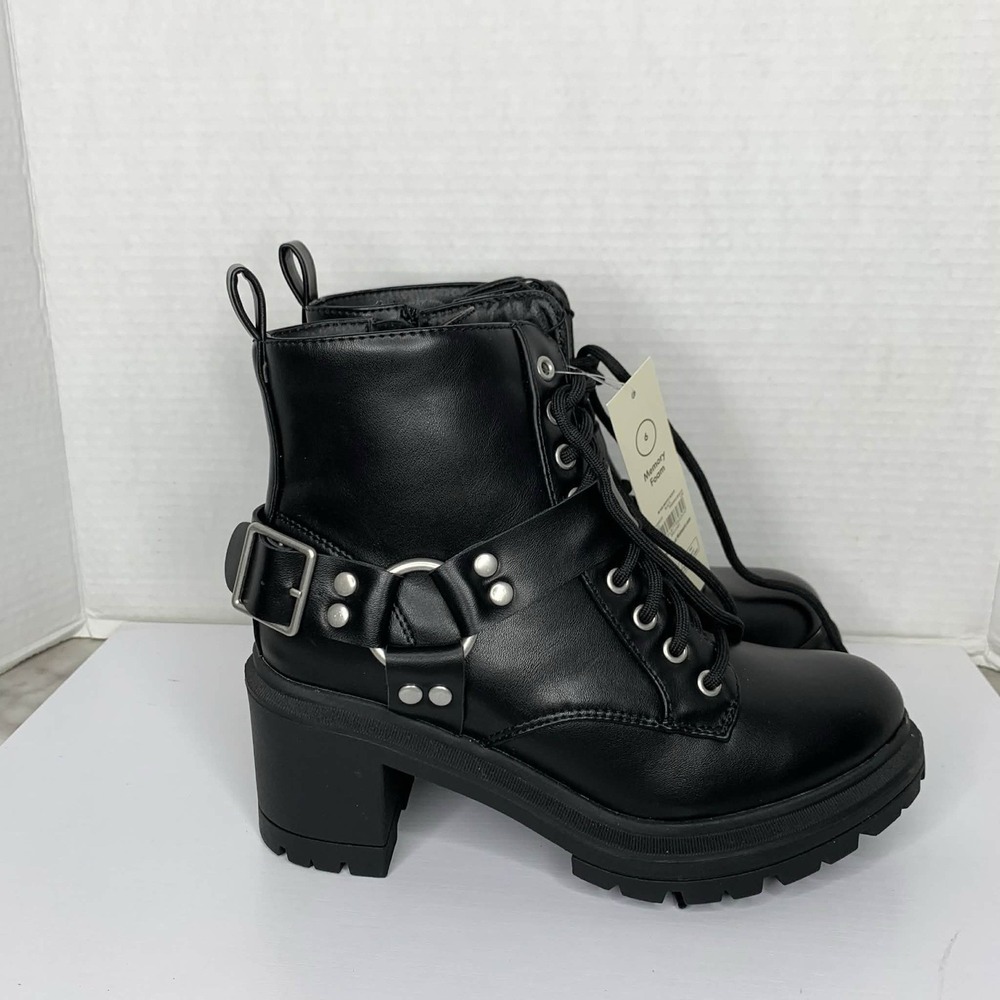 NO BOUNDARIES Womens Black Moto Combat Boots Wide Lug Sole Buckles Size 6